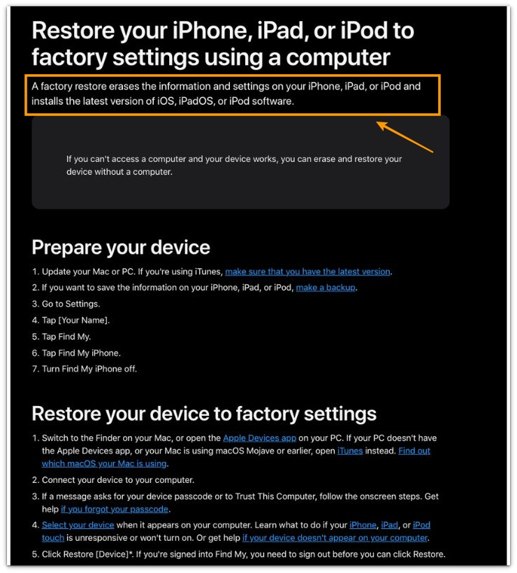 iphone system data too large official apple restore guide factory reset explanation screen