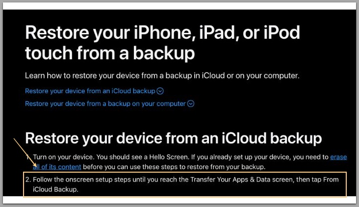 apple official restore guide highlighting transfer your apps and data step during initial iphone setup