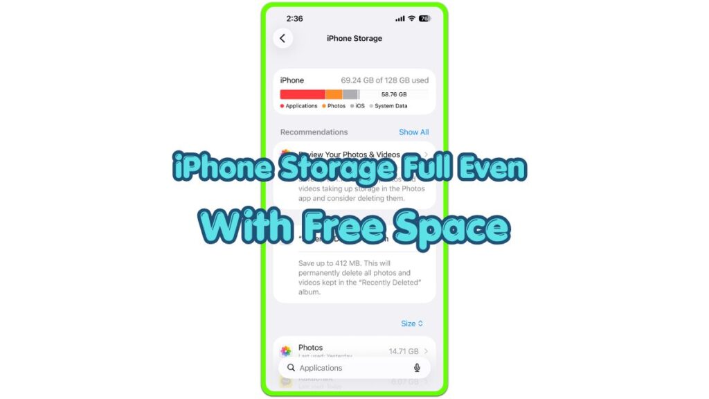 iphone storage full with free space warning shown on the Storage screen with available space still visible.