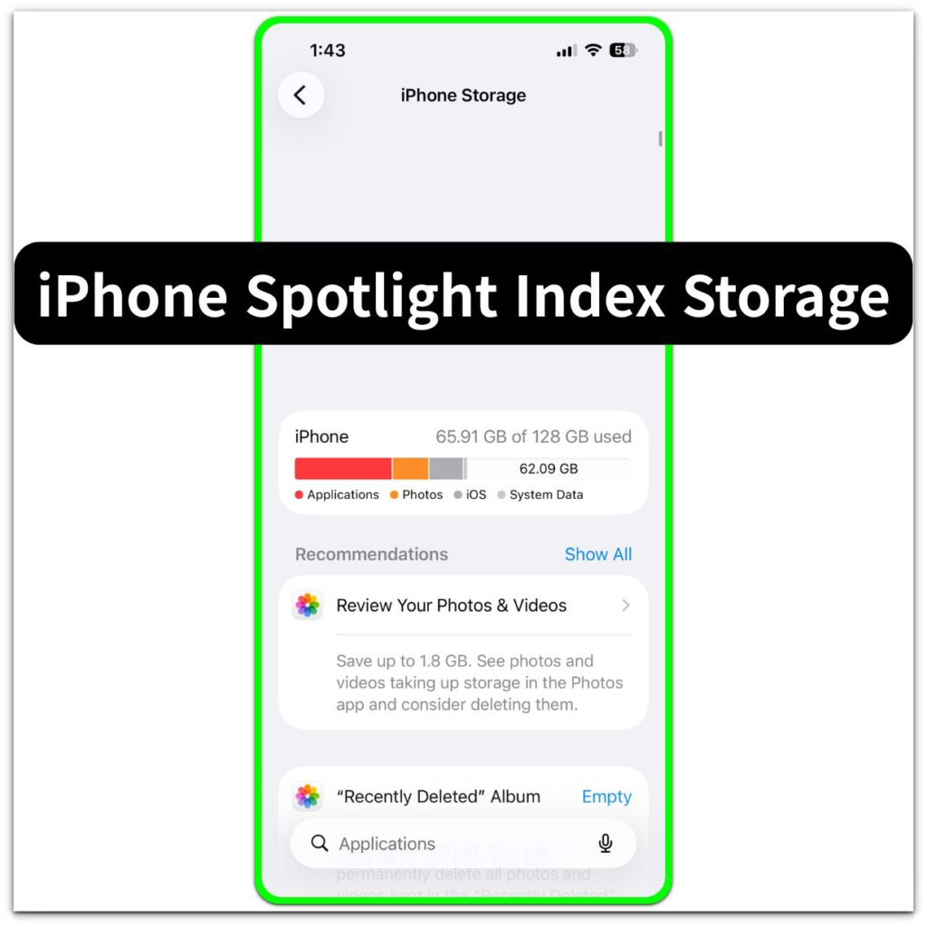 iphone spotlight index storage showing system data within the iphone storage allocation overview