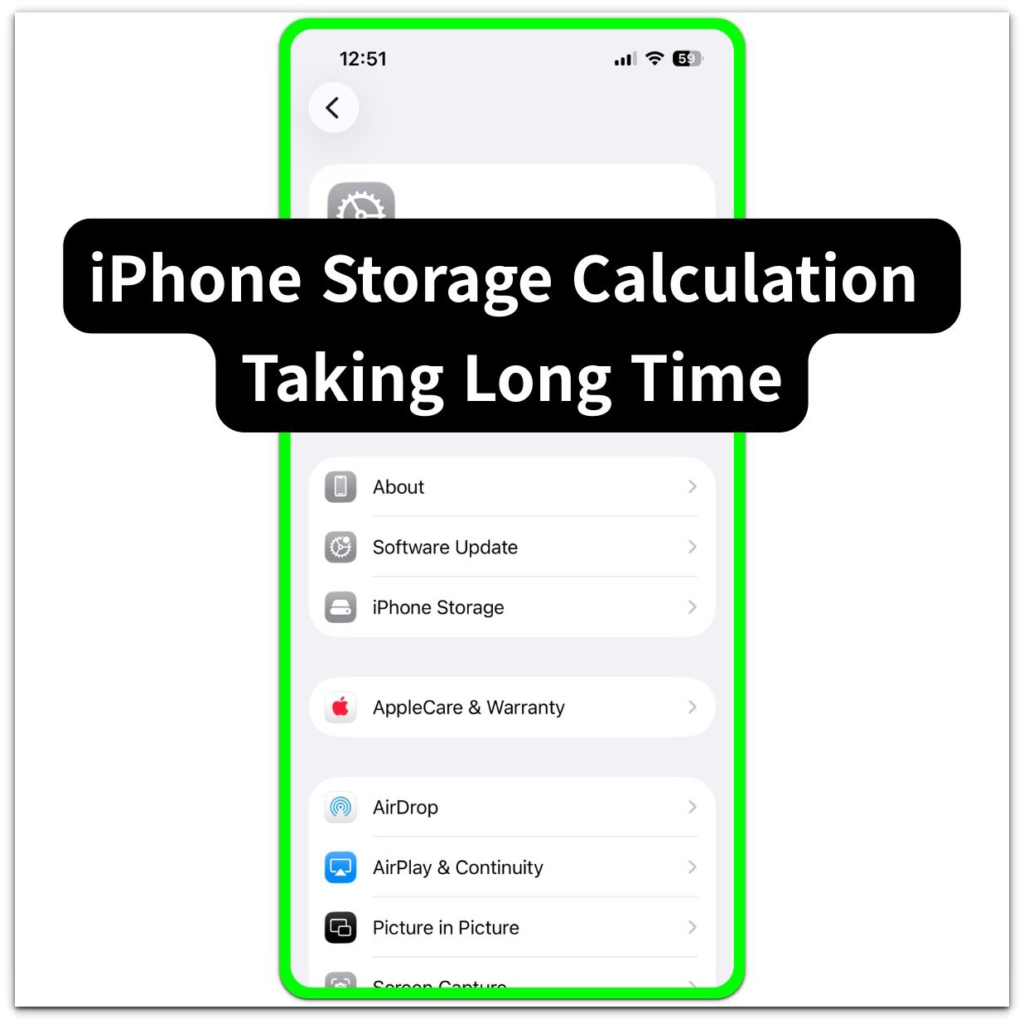 iphone storage calculation taking long time settings general screen showing iphone storage menu path