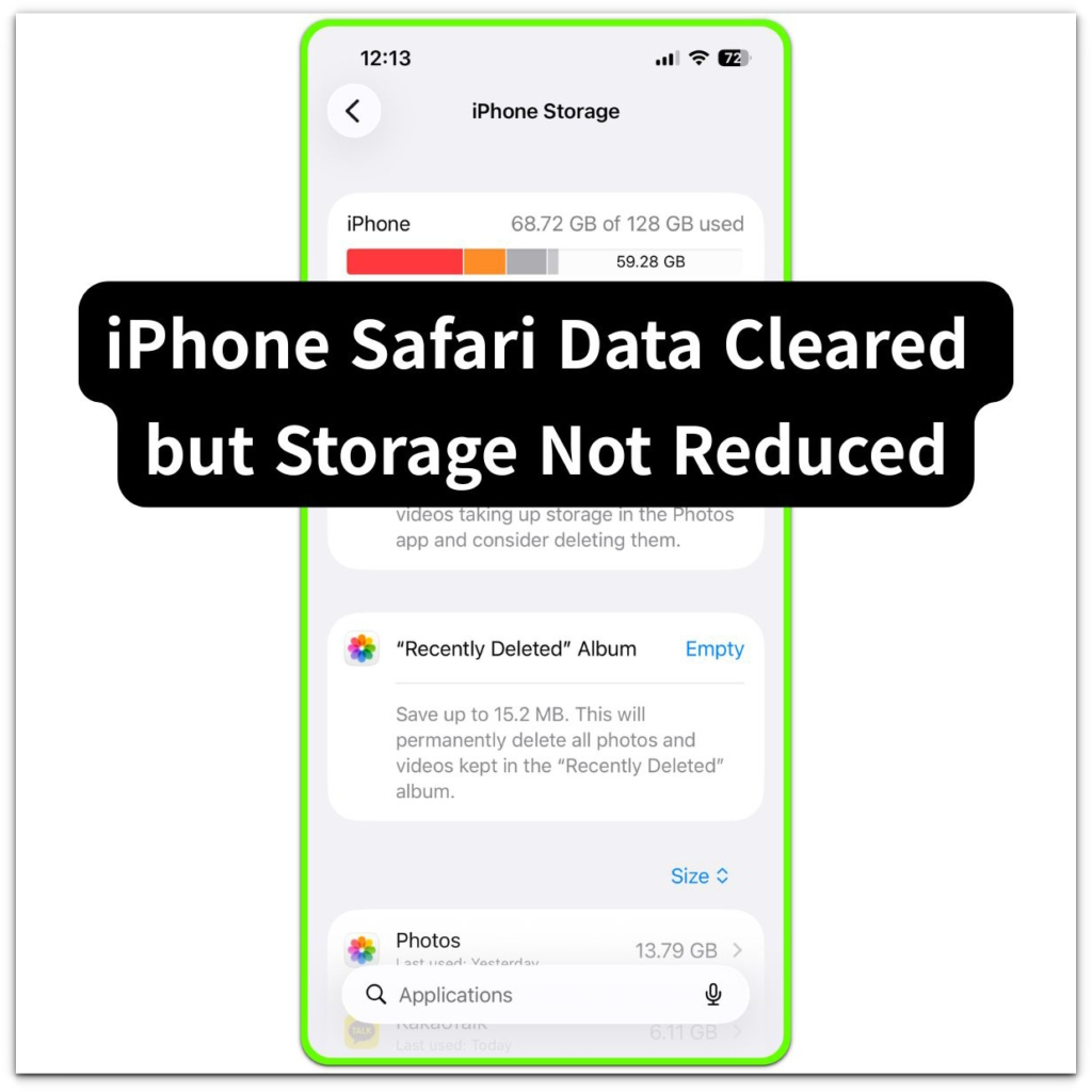 iphone safari data cleared but storage not reduced showing iphone storage allocation remaining unchanged after safari data removal