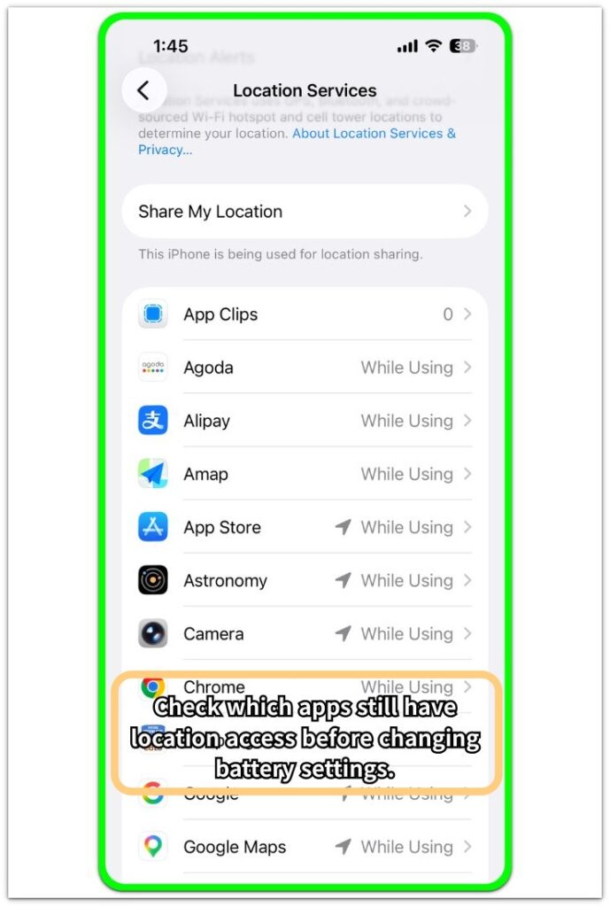 location services draining battery iphone app permissions screen
