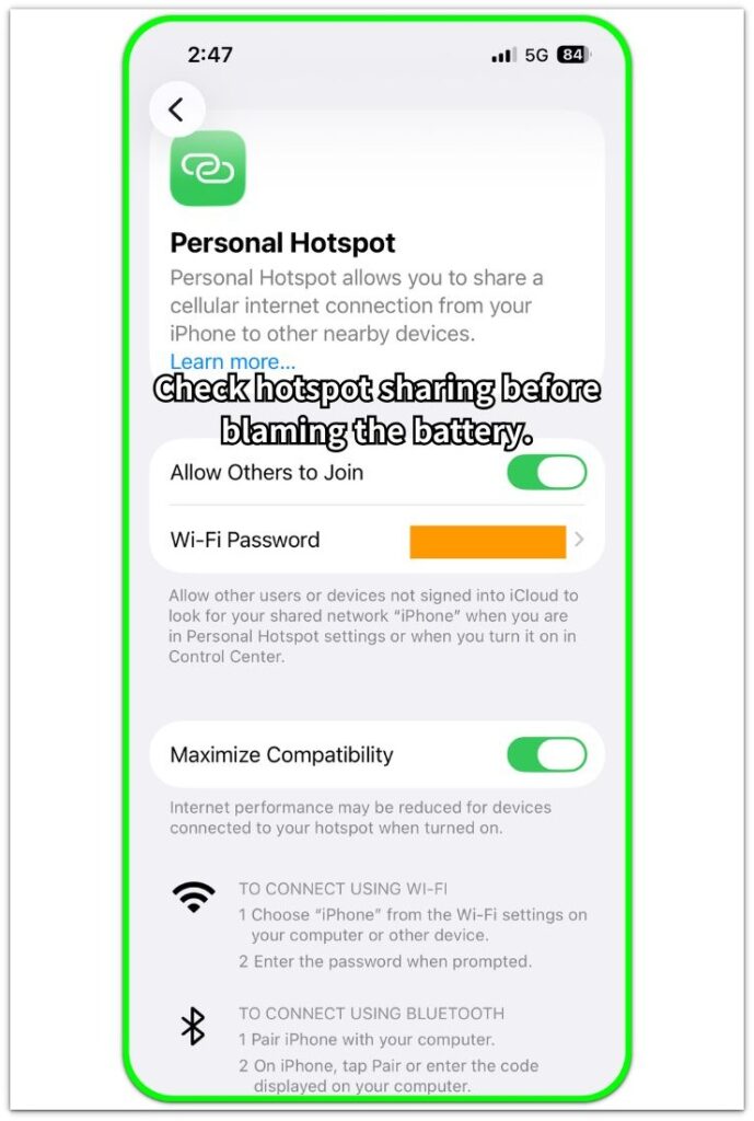 iPhone hotspot battery drain shown on the Personal Hotspot settings screen