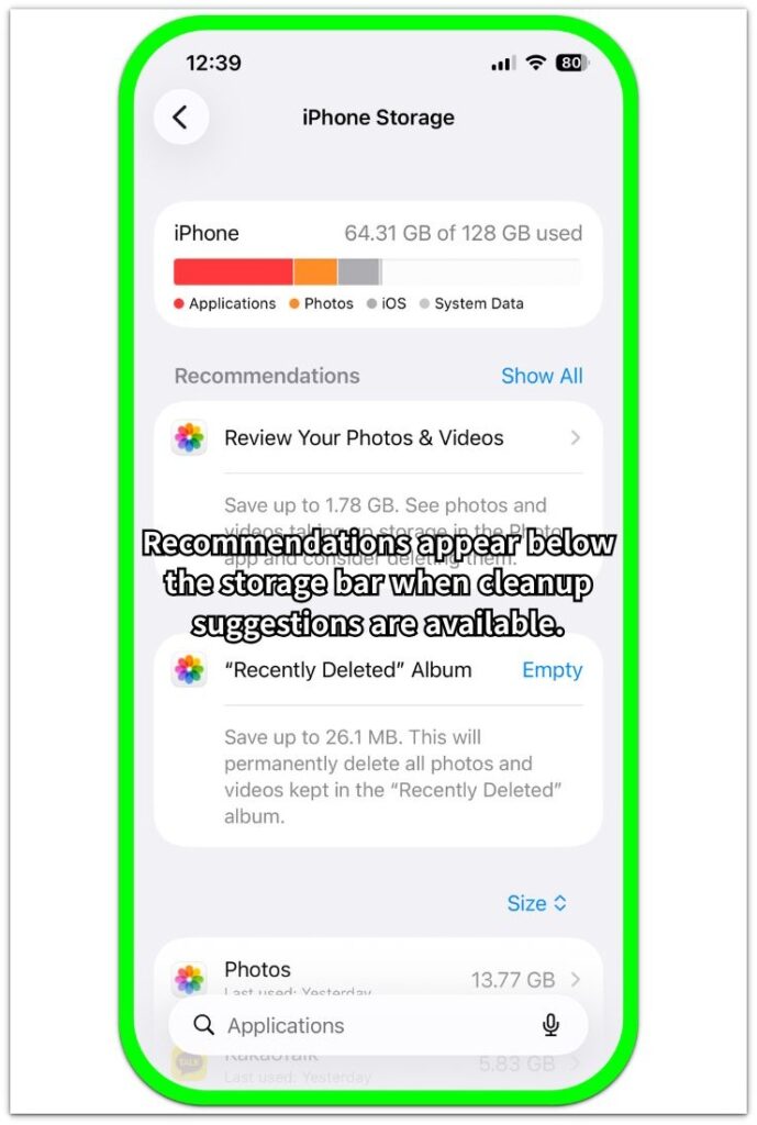 Recommendations appear below the storage bar when cleanup suggestions are available.