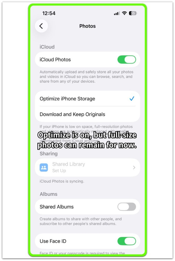 iCloud sync not freeing up iPhone storage screenshot showing Optimize iPhone Storage enabled in Photos settings