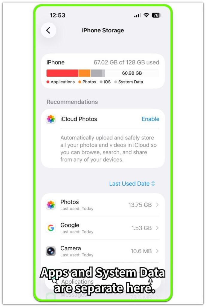 iphone storage screen showing apps and system data as separate storage categories