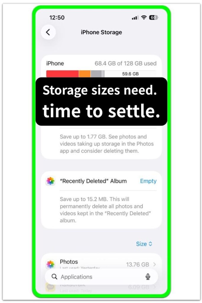 iphone storage screen showing category sizes and storage recommendations