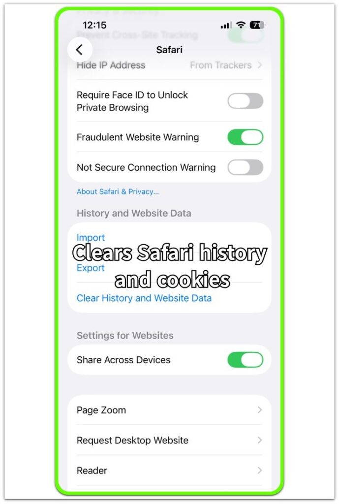 iphone safari clear history and website data screen