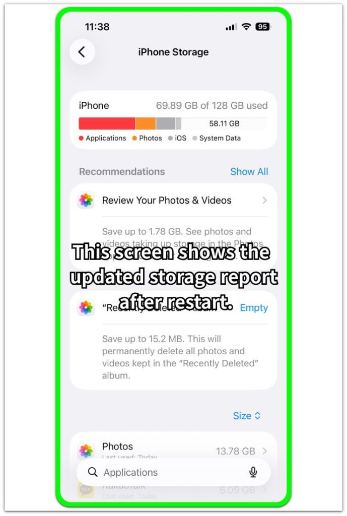 iphone storage page showing photos and recently deleted after restart