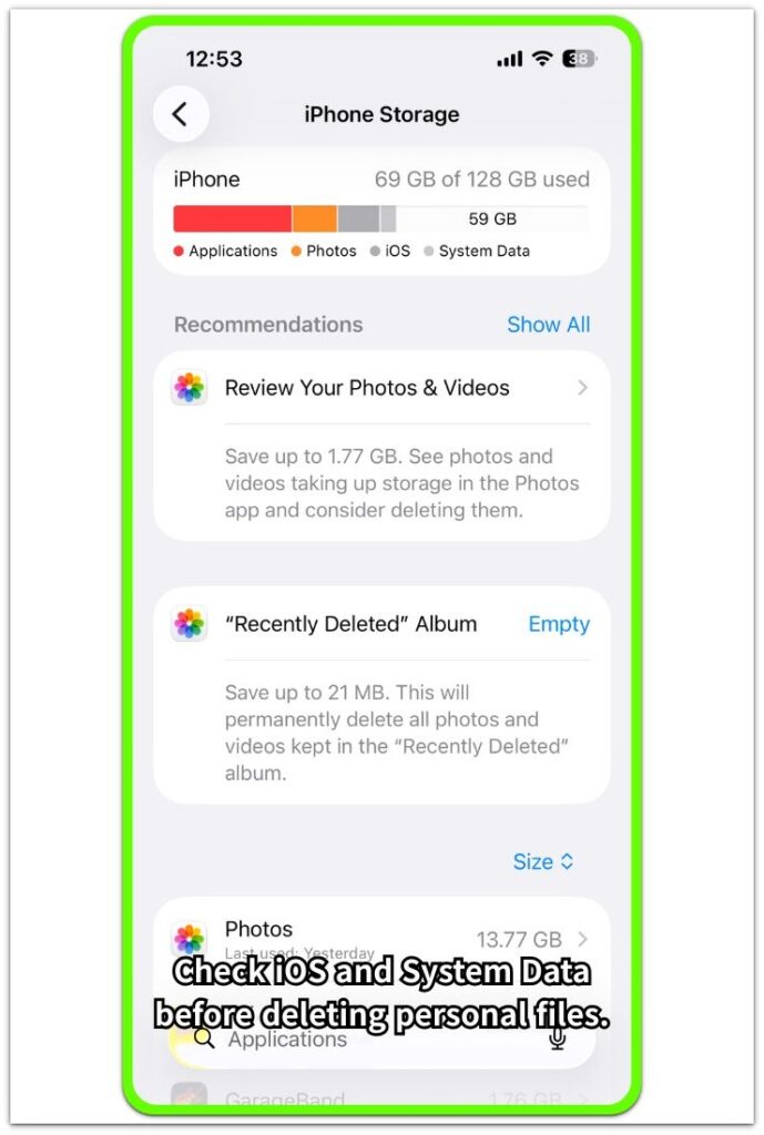 iphone storage screen showing ios and system data check before deleting files