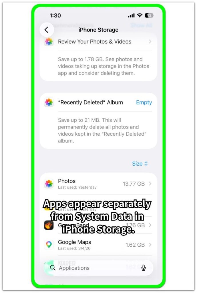 other in iphone storage app list and system data