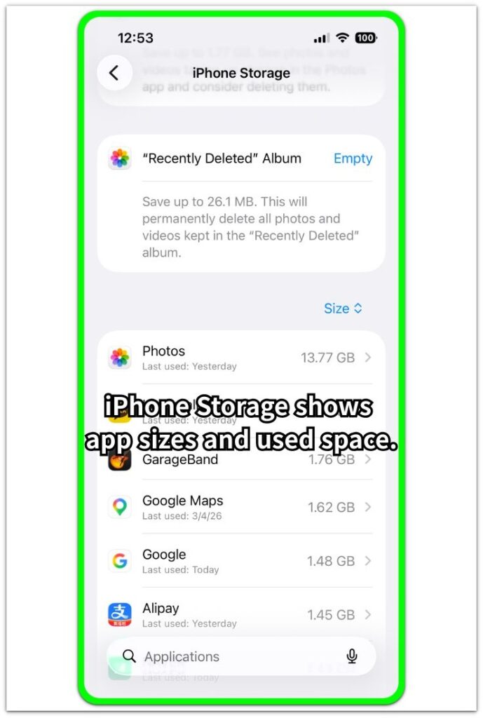 iphone storage screen showing app sizes and used space after setup