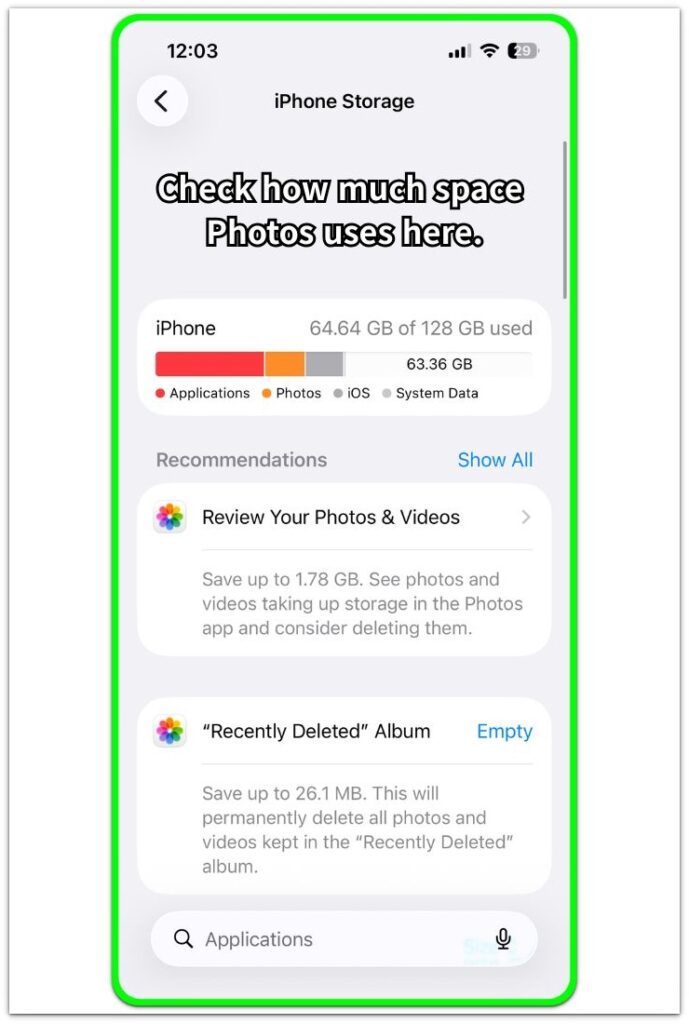 iphone storage screen showing photos storage and review recommendations