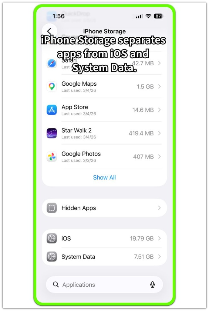iphone storage screen showing apps separated from ios and system data