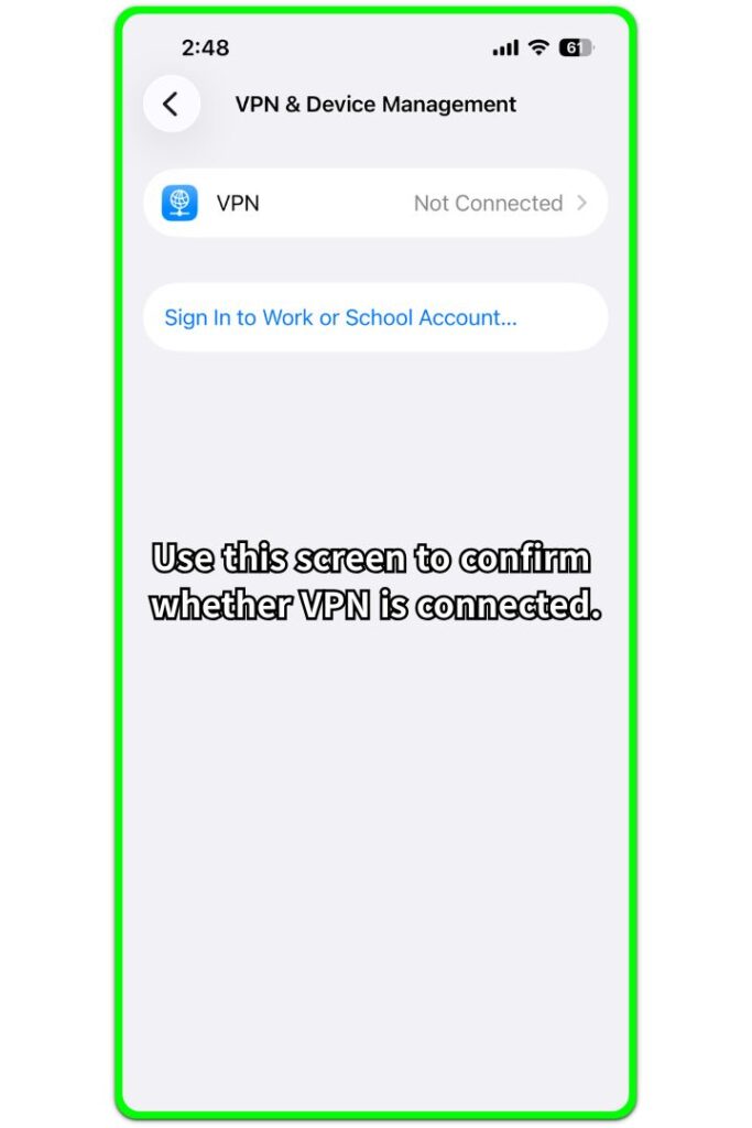 iPhone VPN & Device Management screen used to check whether VPN is connected during an iPhone battery drain test