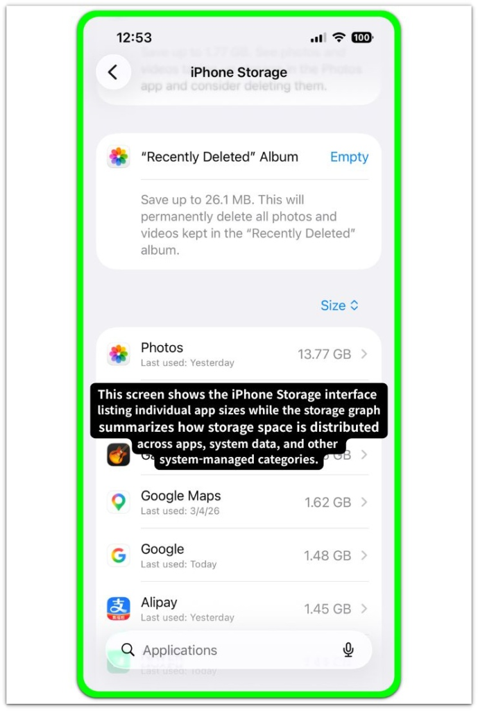 iphone storage interface showing installed apps list with individual storage size distribution