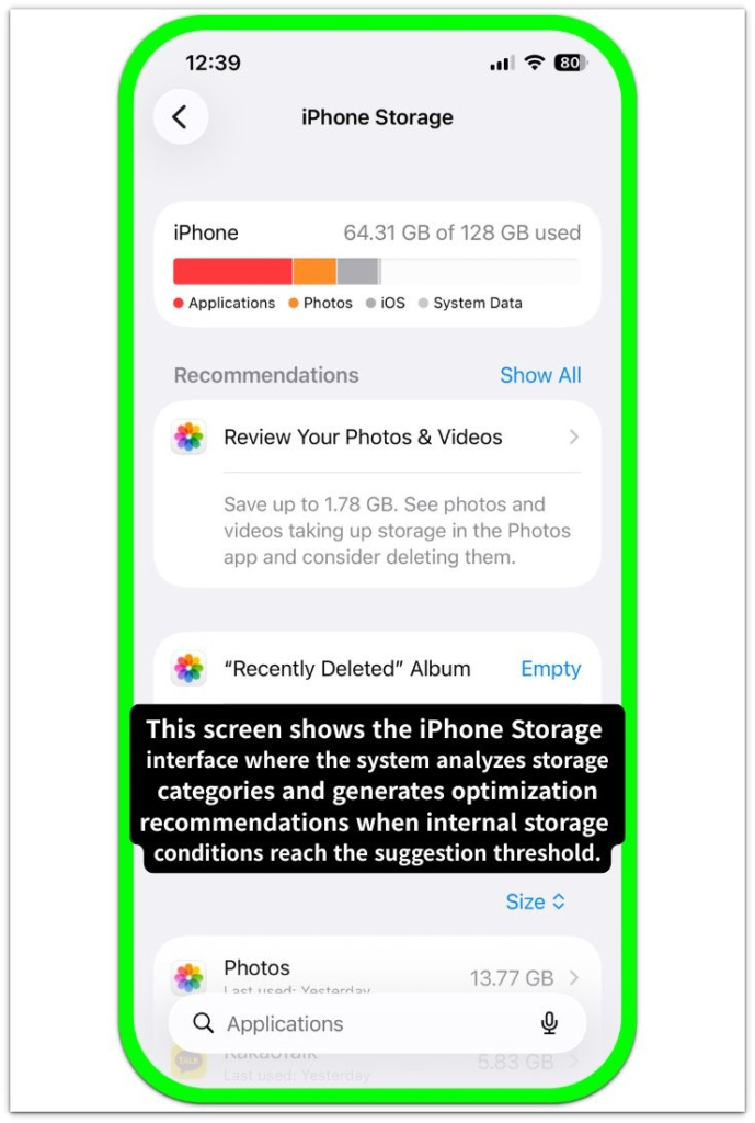 iphone storage interface showing storage bar categories and recommendations section generated after storage analysis