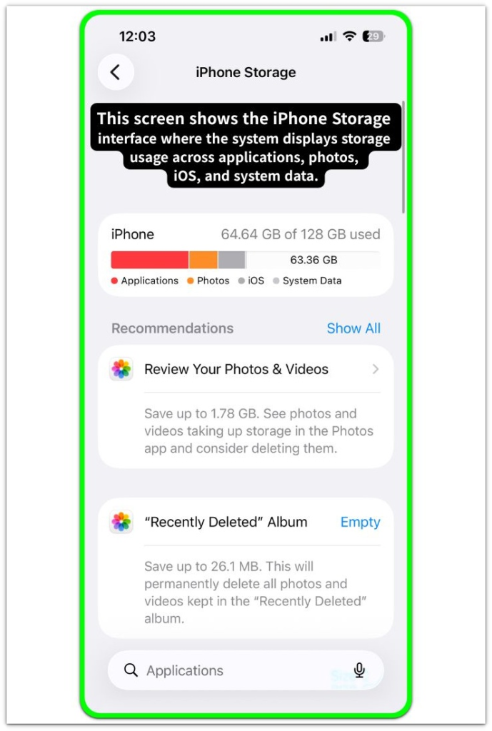iphone storage interface showing system storage distribution across applications photos ios and system data