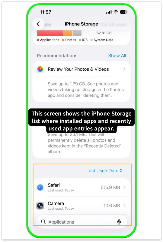 iphone storage list screen showing installed apps and recent app entries in ios storage list