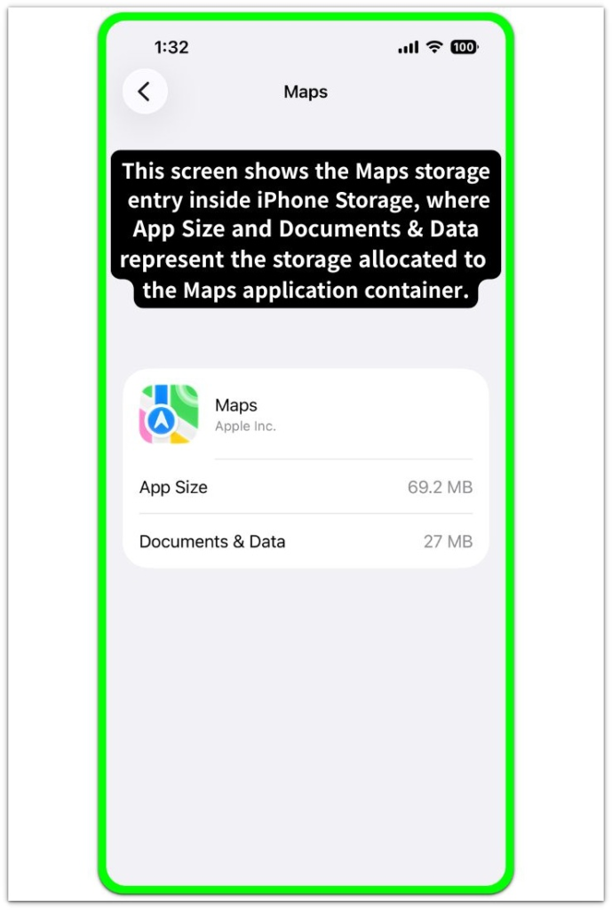maps app storage screen showing app size and documents and data values inside the maps application container