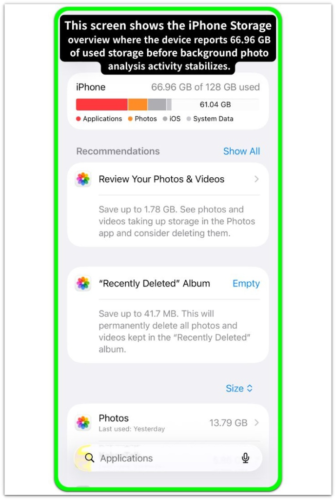 iphone storage overview screen showing device storage distribution across applications photos ios and system data