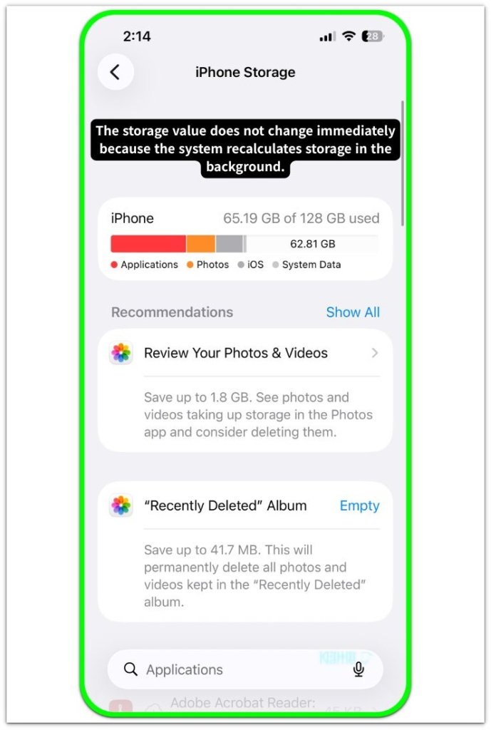 iphone storage recalculation process showing delayed update between deleted data and system calculation