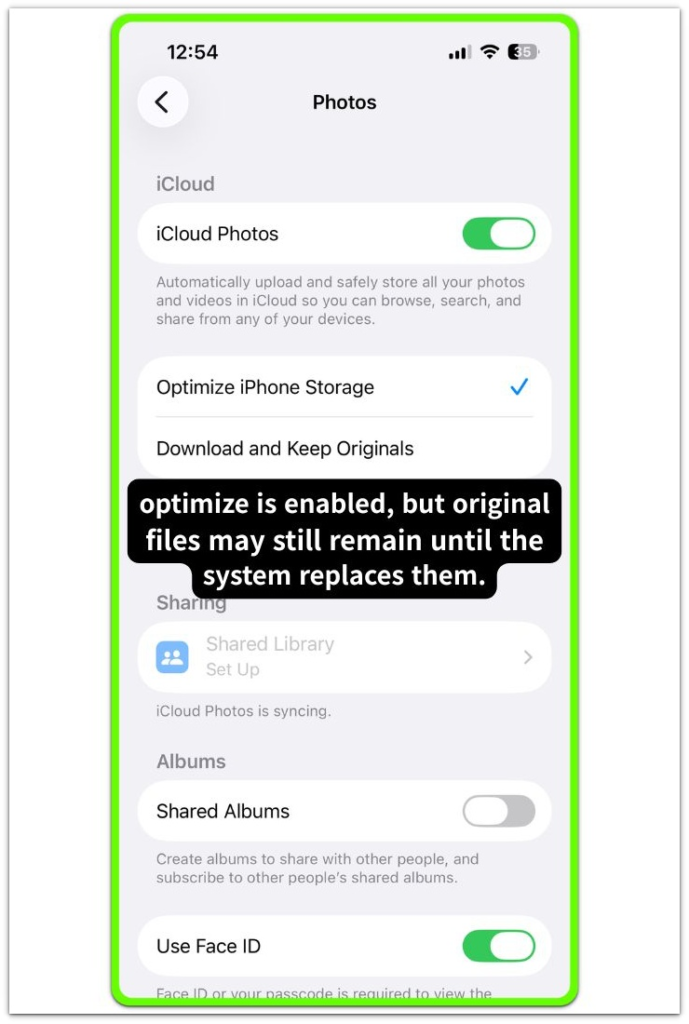 optimize iphone storage selected under icloud photos settings