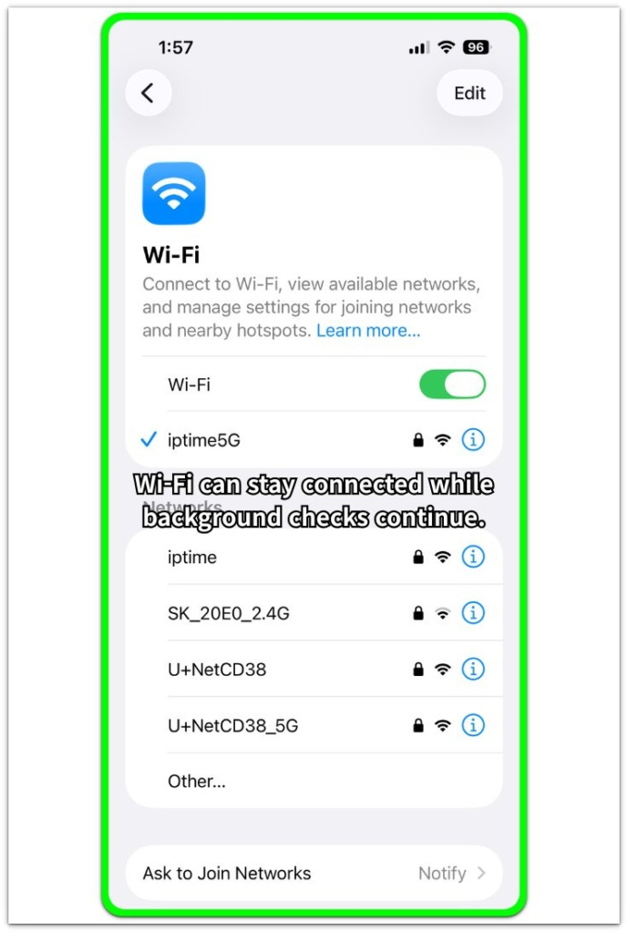 iPhone battery drain wifi on Wi-Fi connected screen showing active network