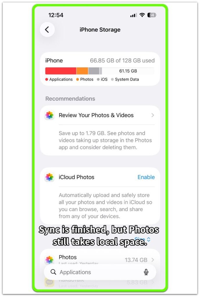 iCloud sync not freeing up iPhone storage screenshot showing Photos still taking local space in iPhone Storage
