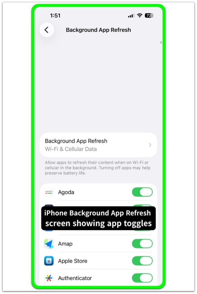 iPhone Background App Refresh screen showing app toggles