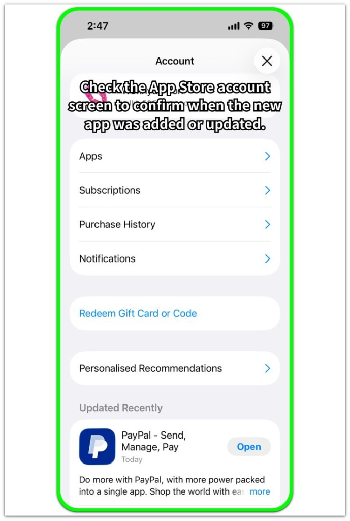 iPhone app battery drain after install checked from the App Store account screen for a newly added app