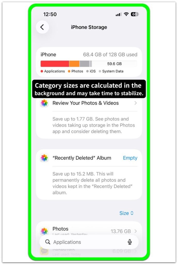 iphone storage summary screen where category sizes are calculated in the background