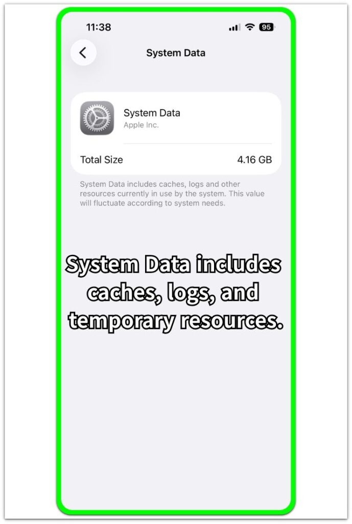 iphone system data screen showing caches logs and temporary resources