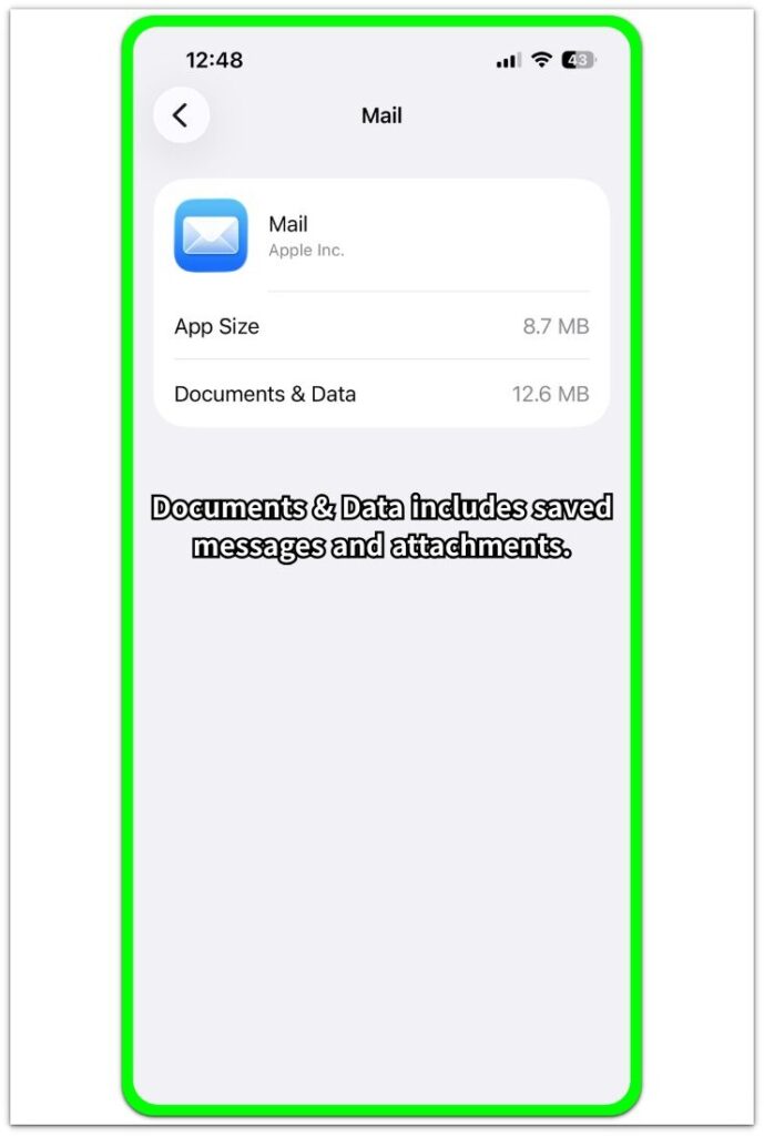 iphone mail storage screen showing documents and data with saved messages and attachments