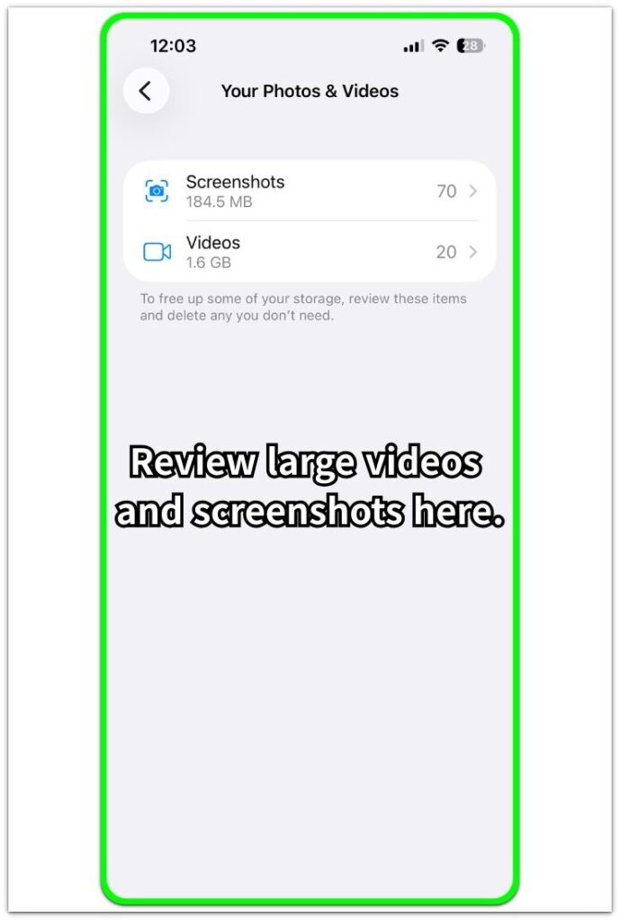 iphone photos and videos review screen showing large media categories