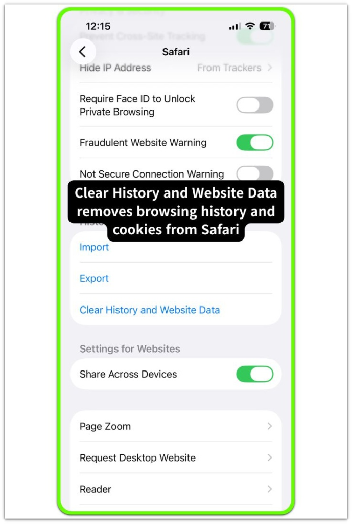 safari settings screen showing clear history and website data option used to remove browsing history and cookies