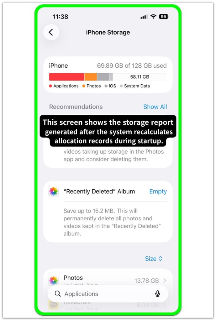 iphone storage overview showing storage allocation categories and system reporting structure