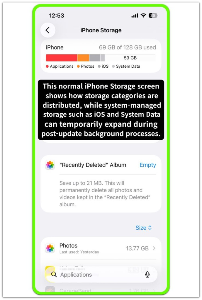 iphone storage screen showing storage categories including applications photos ios and system data distribution