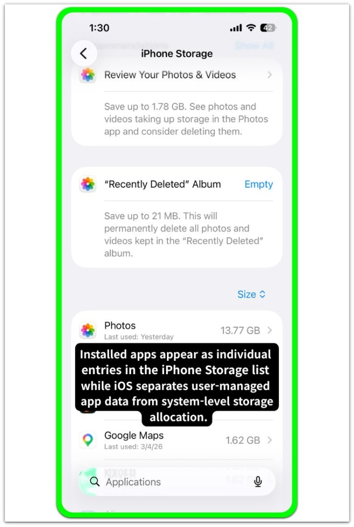 iphone storage screen showing installed apps list within the iphone storage interface