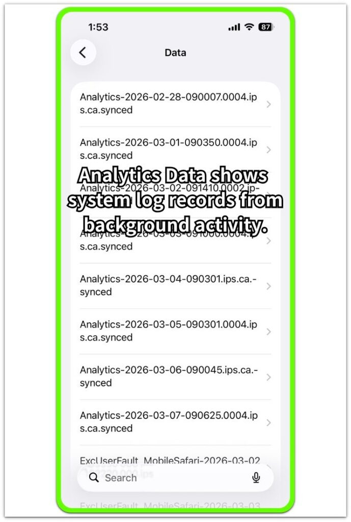 analytics data screen showing repeated iphone diagnostic log records