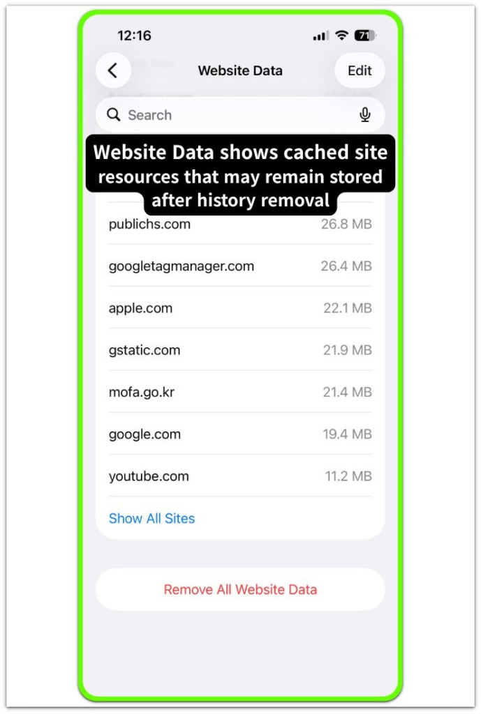 safari website data screen listing stored domain data and cached site resources remaining in safari storage