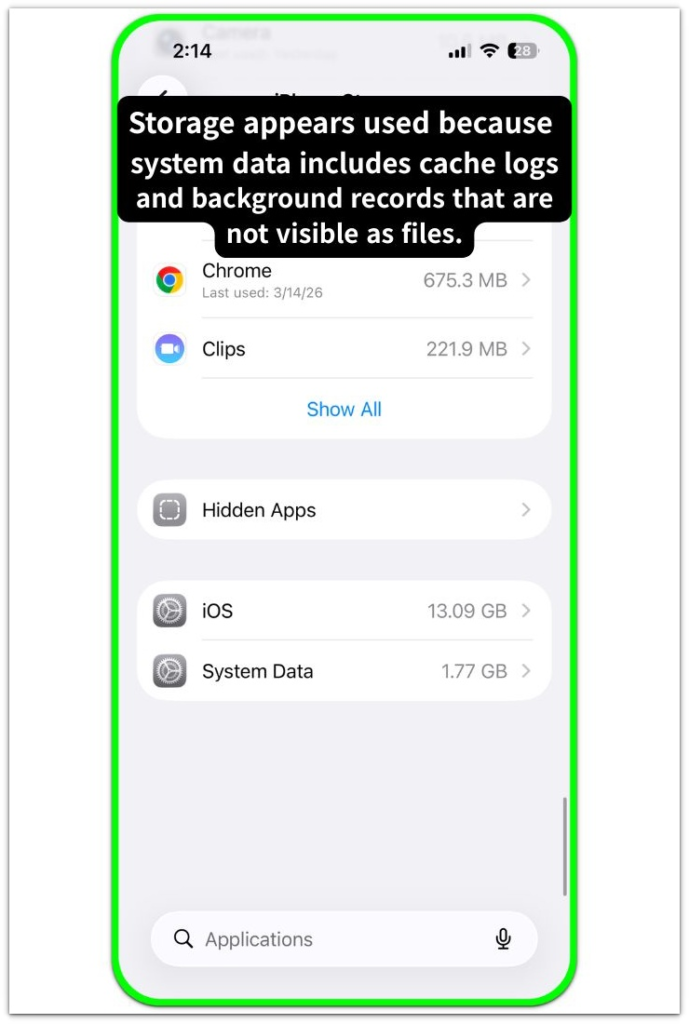 iphone storage system data structure showing cache logs and background records occupying storage