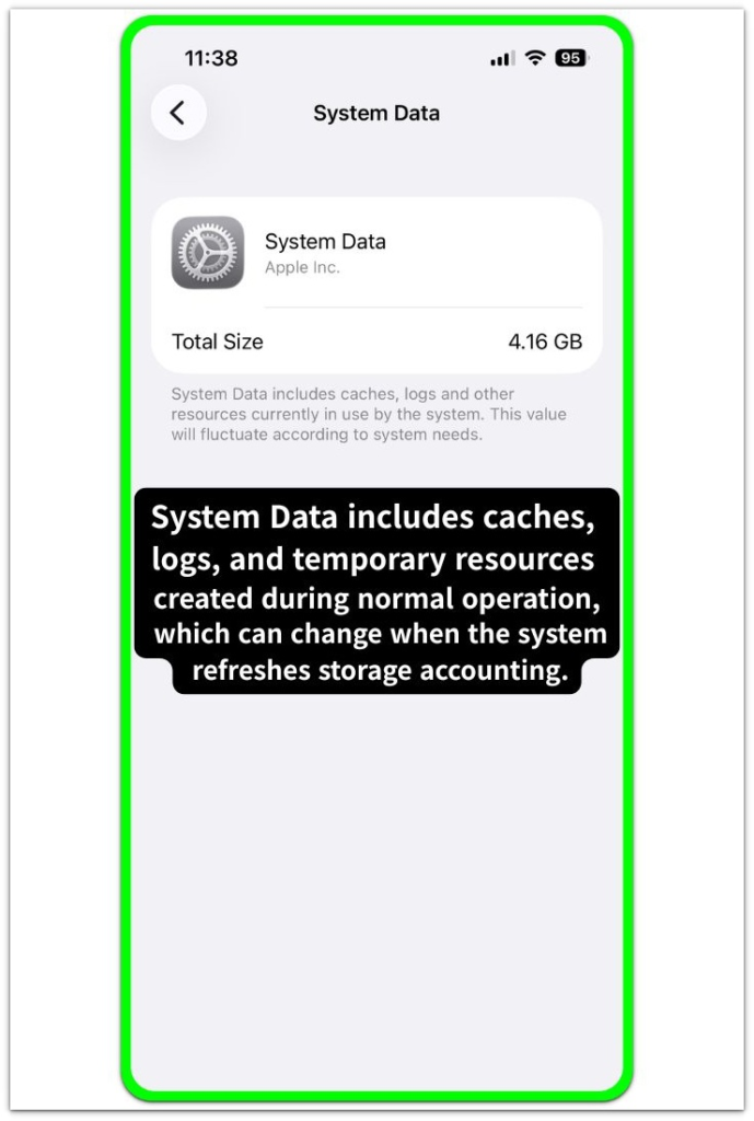 iphone system data screen showing caches logs and temporary resources within system storage structure