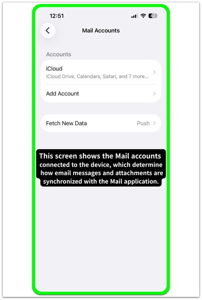 iphone mail accounts screen showing email accounts determining mail attachment synchronization structure