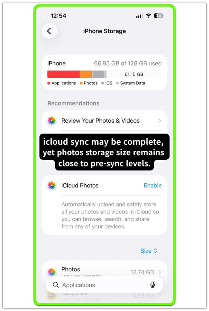 iphone storage screen showing photos size allocation after sync