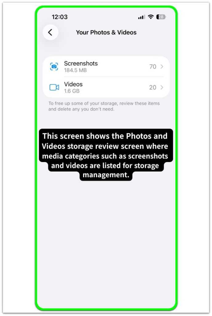 iphone photos and videos storage review screen listing media categories such as screenshots and videos for storage management