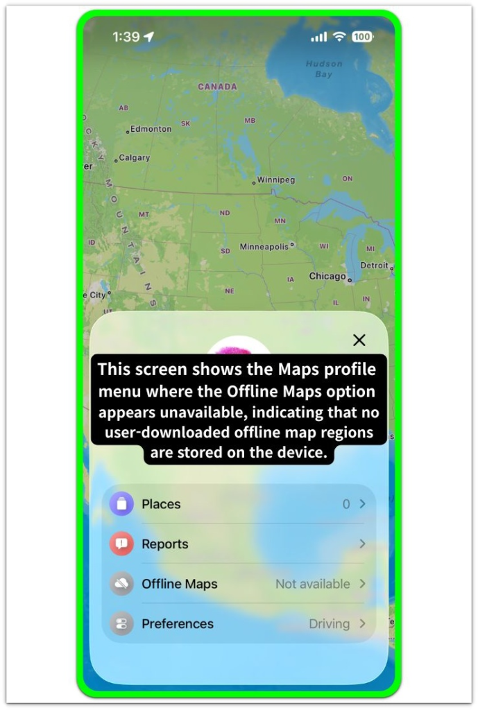 apple maps profile menu showing the offline maps option unavailable on the device