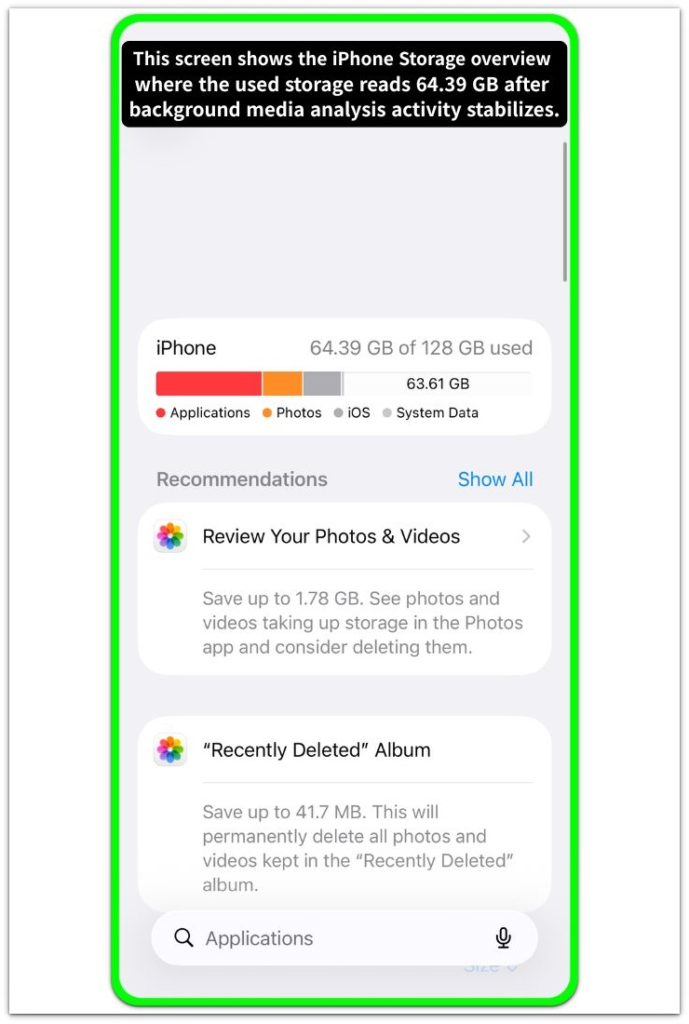 iphone storage overview screen used to compare storage values after background media analysis processing completes