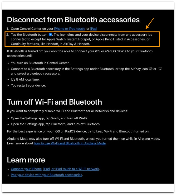 Apple support page showing how Control Center Bluetooth affects iPhone Bluetooth battery drain